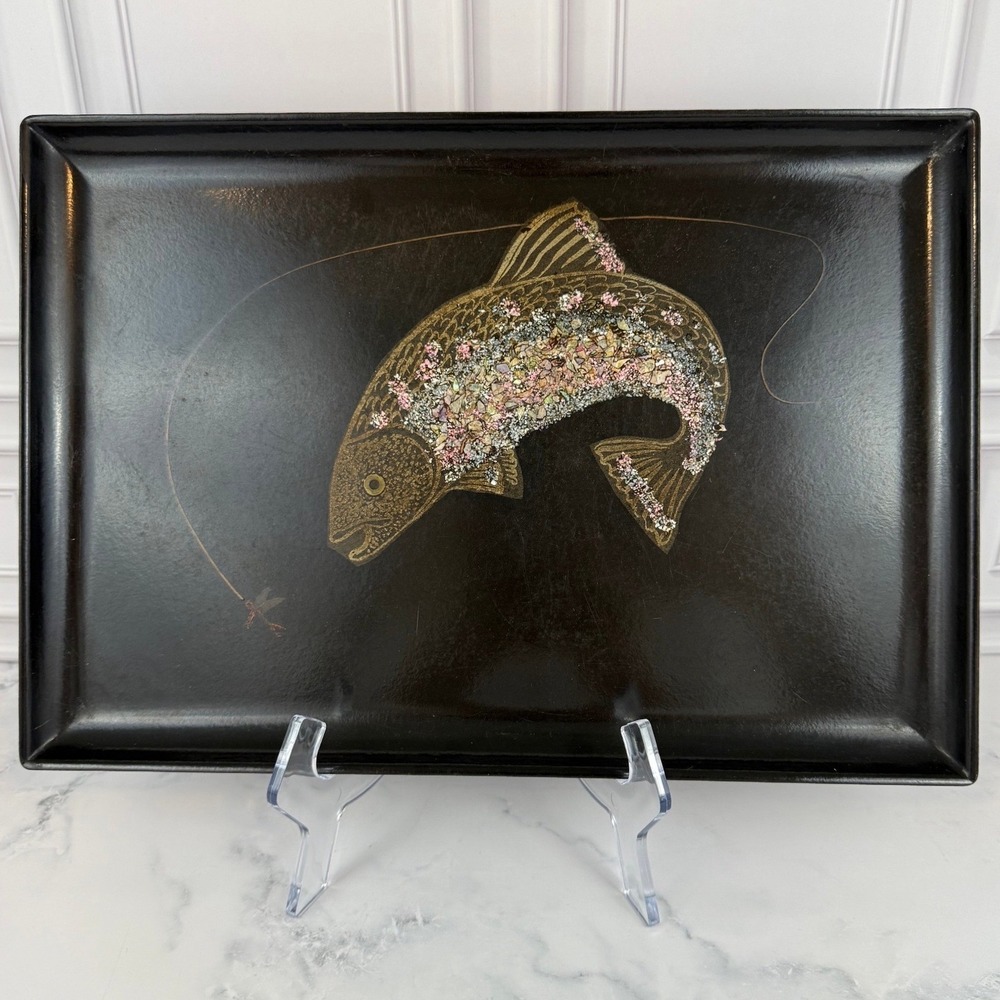 VTG Couroc of Monterey Serving Tray Rainbow Trout Fish Lures Inlaid Shells Brass